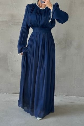 Pearl Embellished Flowing Organza Fabric Hijab Evening Dress Navy Blue