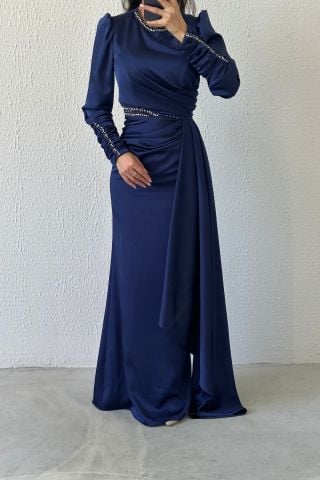 Elegant Sparkle: Stone Detailed Draped Satin Hijab Evening Dress Navy Blue