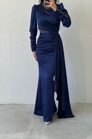 Elegant Sparkle: Stone Detailed Draped Satin Hijab Evening Dress Navy Blue