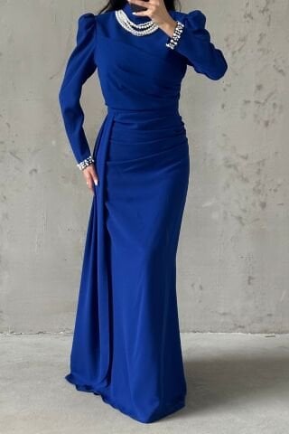 İncilerle Süslenmiş Şık Krep Tesettür Abiye Saks Mavis