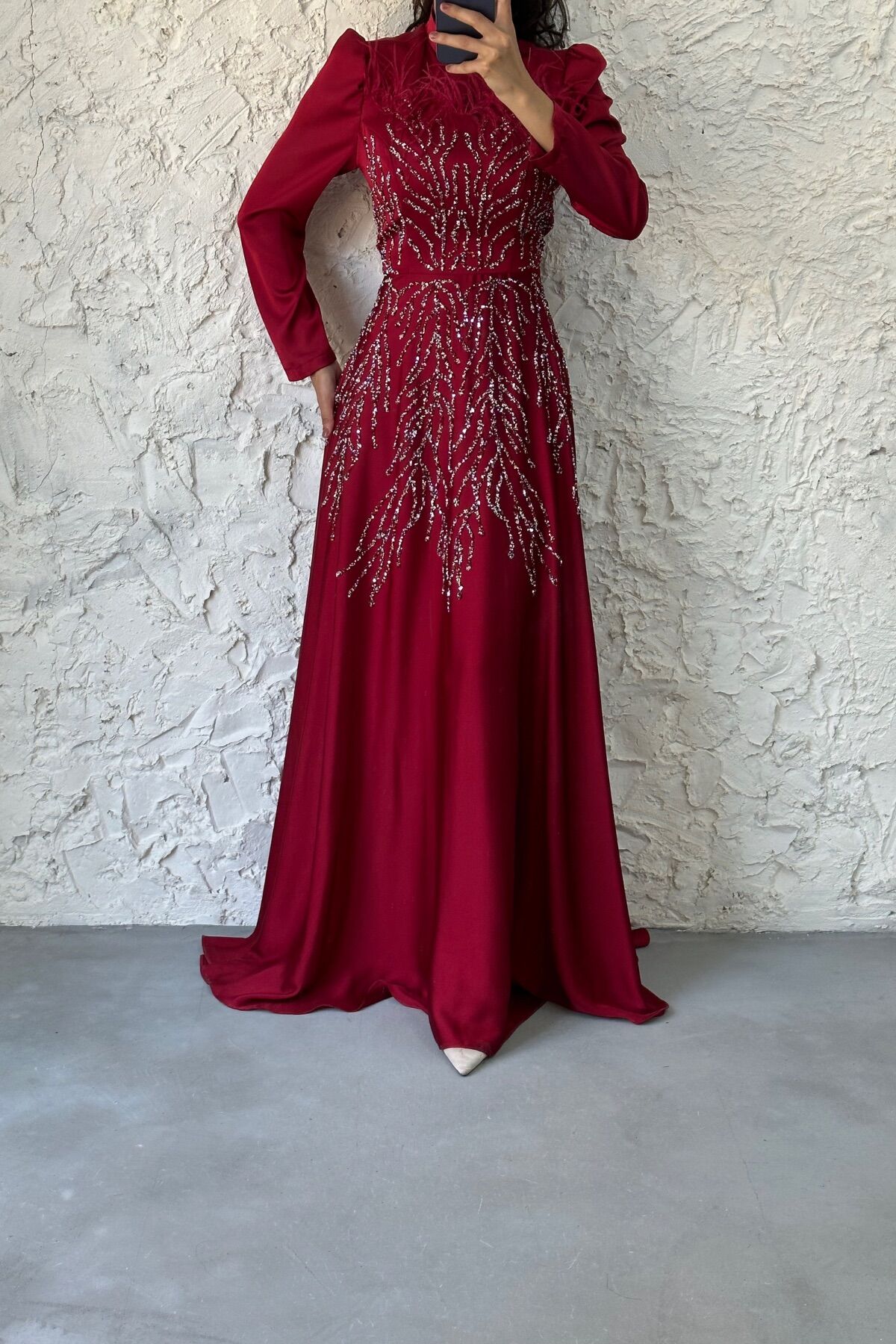 Taş Ve Tüy Detaylı Saten Tesettür Abiye Bordo