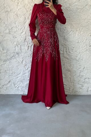 Taş Ve Tüy Detaylı Saten Tesettür Abiye Bordo