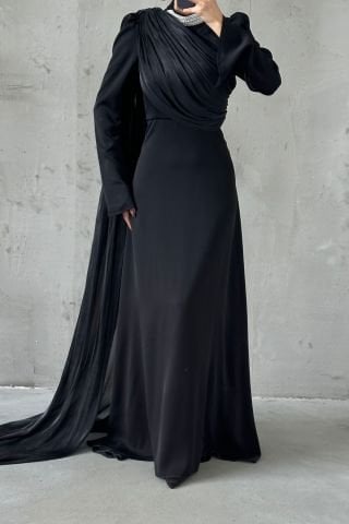 Modern Design Draped Stone Detailed Hijab Evening Dress Black